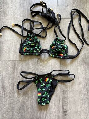 Black Triangle String Bikini with Green Leaf Print